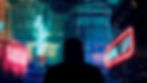Silhouette of a person facing a futuristic cityscape with glowing neon signs reading "LEVEL UP." A blue holographic figure is visible.