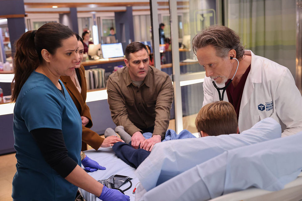 CHICAGO MED -- "The Book of Archer" Episode 1017 -- Pictured: (l-r) Lorena Diaz as Nurse Doris, Steven Weber as Dr. Dean Archer -- (Photo by: George Burns Jr/NBC)