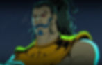 Animated stern warrior with red eyes and long dark hair in gold armor against a dark background