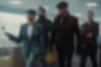 Four stylish adults walk through a modern lounge, led by a woman holding a tool, with calm, determined expressions.