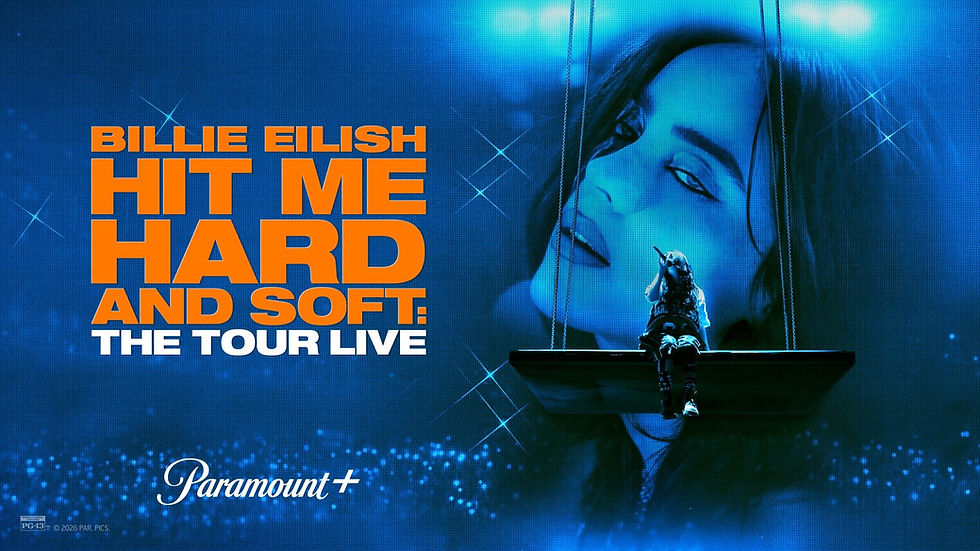 Billie Eilish concert poster in blue, with singer on swing and bold text: HIT ME HARD AND SOFT: THE TOUR LIVE, Paramount+