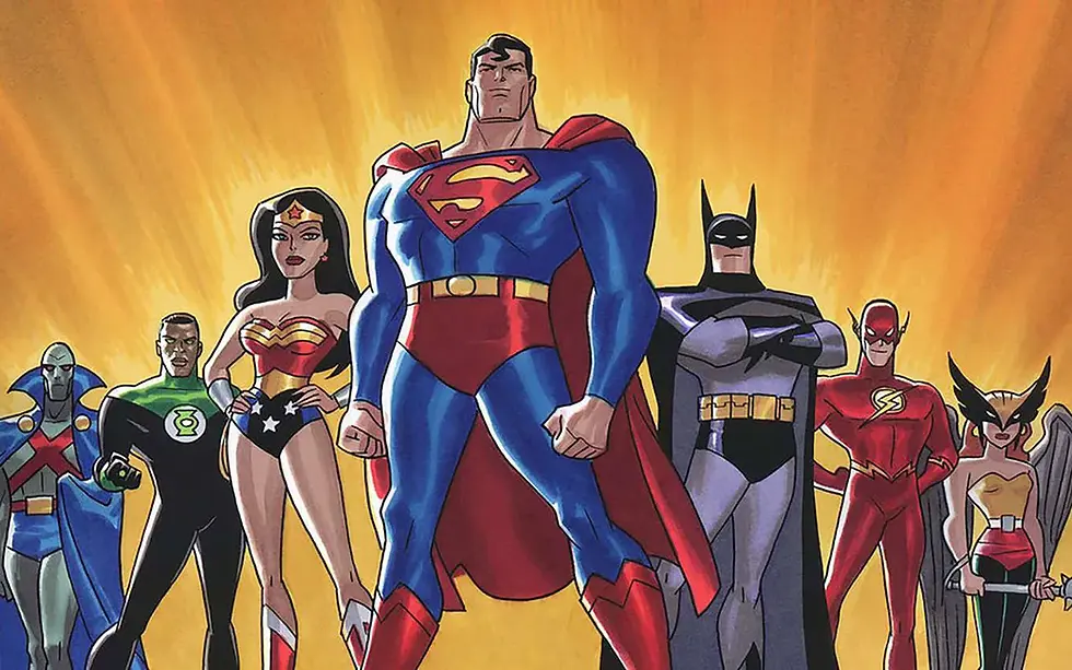 Superheroes stand confidently against a glowing orange background. Each wears distinct, colorful costumes, exuding strength and determination.