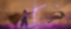 A person in a patterned cape casts a purple lightning bolt at another, who is flying backward. Desert-like background and tents. Tense mood.