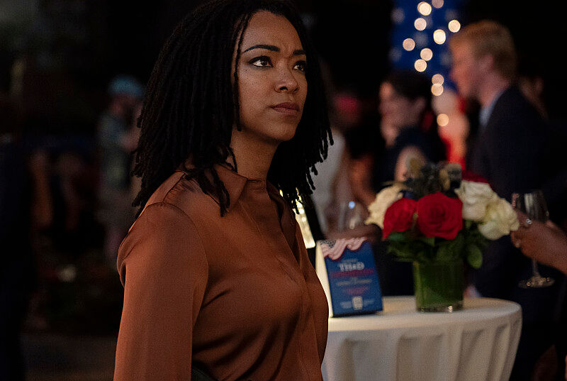 Woman in a brown blouse stands at a dimly lit event, looking thoughtful, with blurred guests, roses, and string lights behind her.