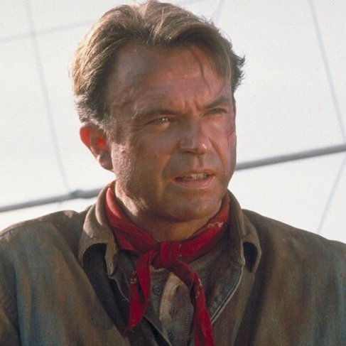 Close-up of a serious man outdoors wearing a red bandana and brown shirt, with a bright sky in the background.