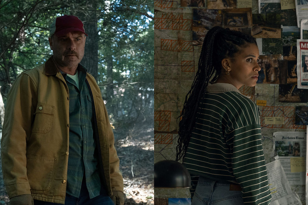 Split scene: a man in a red cap stands in a forest, while a woman faces a map-covered wall, both looking tense.