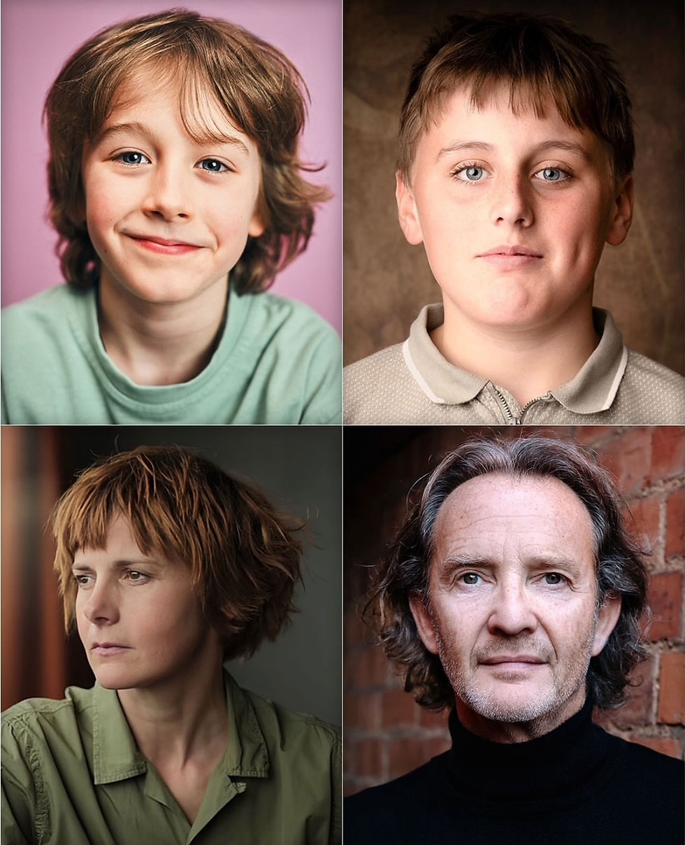 Four portraits: A smiling boy in green, a serious boy with brown background, a contemplative woman near a window, and a man by a brick wall.