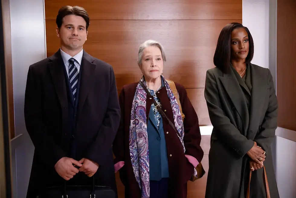 Three people stand in an elevator, dressed in business attire. The setting is formal with wooden paneling. Emotions are neutral.