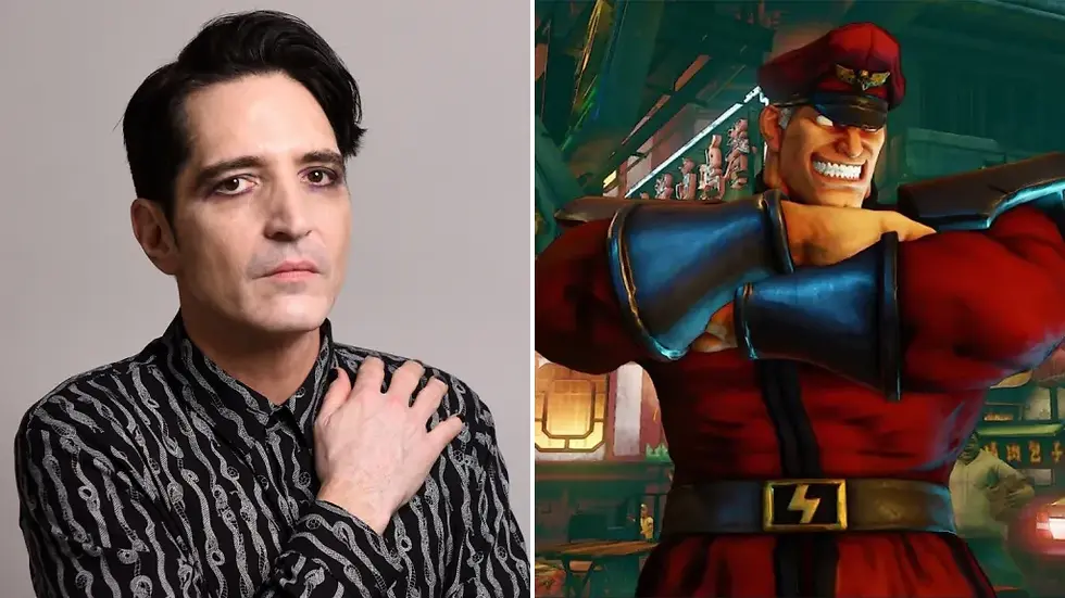 A split image: on the left, a person in a patterned shirt gazes forward; on the right, an animated character in red with a fierce grin, arms crossed.