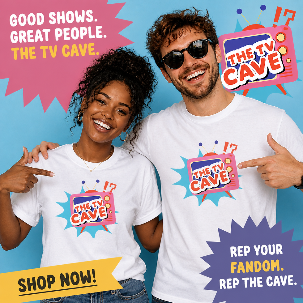 Smiling man and woman in "The TV Cave" shirts, pointing at logos. Pink and blue backdrop with promo text. Cheerful and vibrant mood.