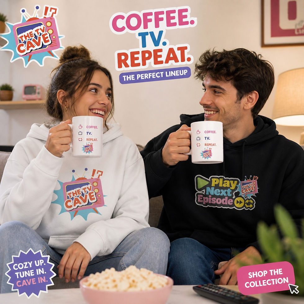 Young couple on couch, smiling and holding mugs with "COFFEE. TV. REPEAT." Texts on hoodies. Cozy home setting with popcorn and remote.