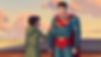 Animated boy in green coat touches Superman’s chest emblem on a rooftop at sunset, both looking serious.