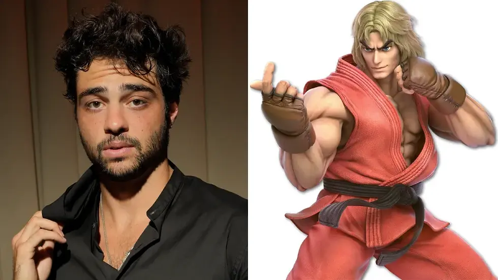 Man with a black shirt on left, adjusting collar, neutral expression. On right, animated fighter in red gi, pose with fists raised.