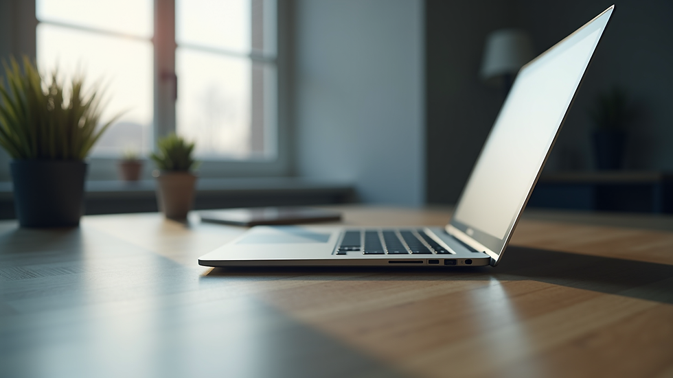 Eye-level view of a modern workspace with a sleek desk and a laptop