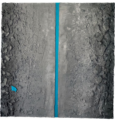 Three-dimensional wall artwork made of cement, enamel paint, stain