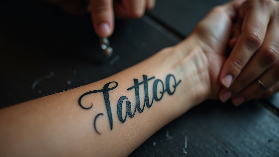 Close-up view of a tattoo with elegant cursive script on forearm