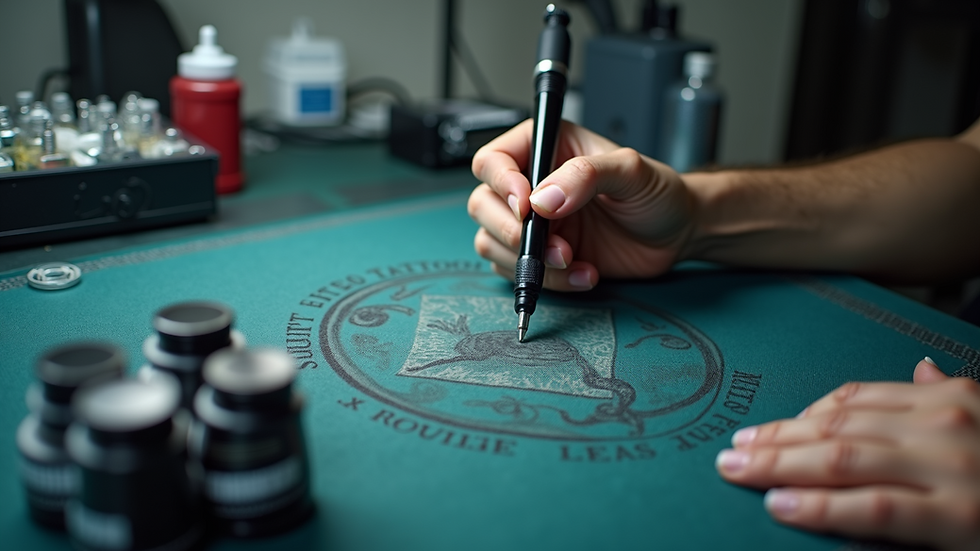 Close-up view of a tattoo machine and ink cups on a clean workstation