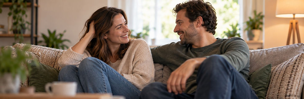 Couple relaxed and smiling together on a sofa, representing greater connection and emotional balance in a relationship