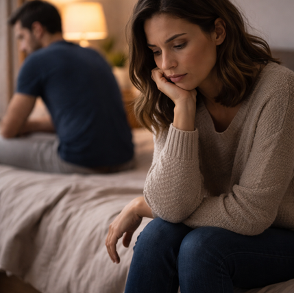 A couple looking unhappy in the bedroom