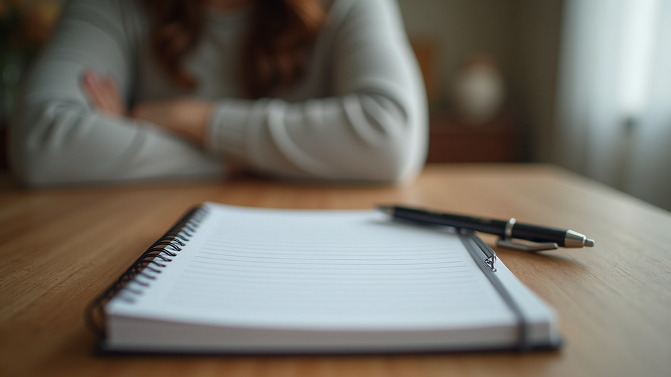 Close-up view of a notebook and pen on a wooden table during a therapy session