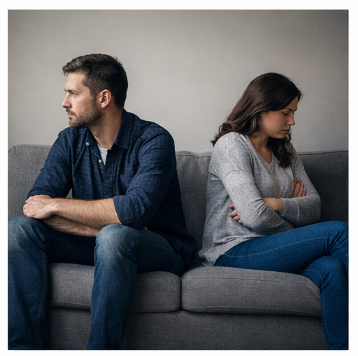 a couple sitting on a sofa looking unhappy