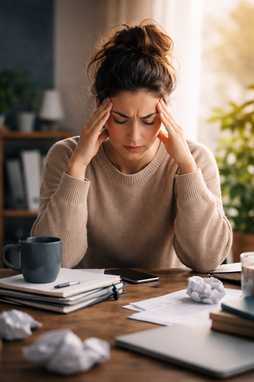 A stressed woman sitting at a desk