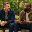 Derek Flint and a friend talking on a park bench