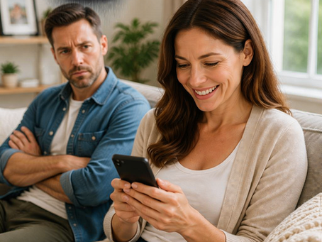 A concerned man looking at a woman on the phone