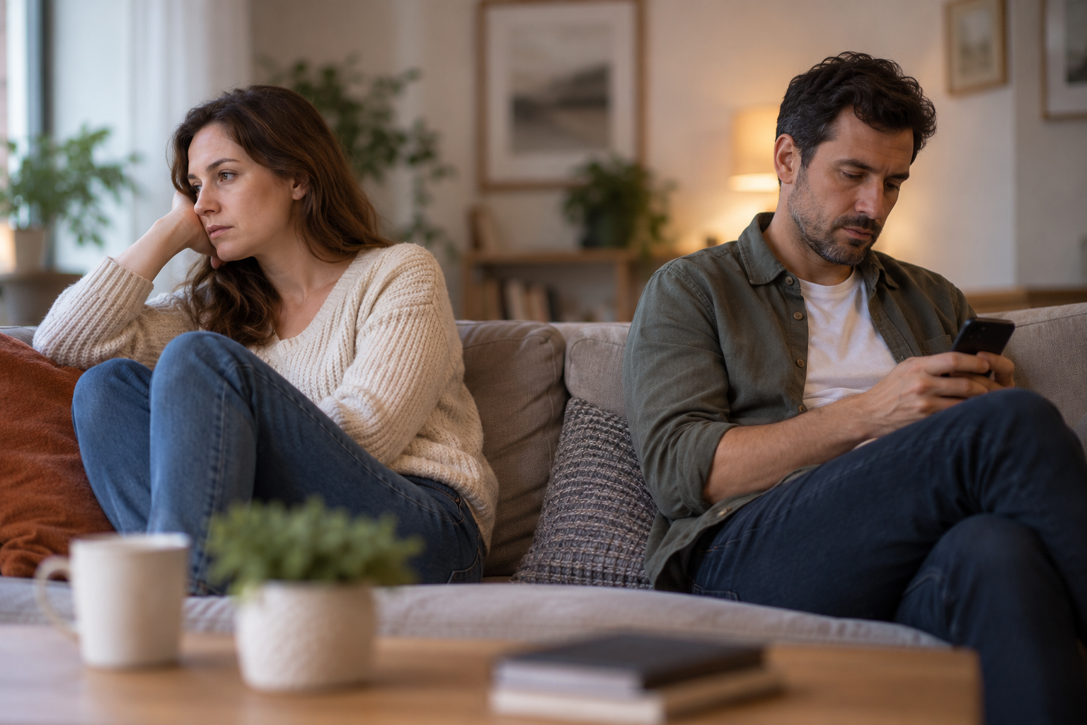Couple sitting apart on a sofa, reflecting emotional distance and reduced affection in a relationship