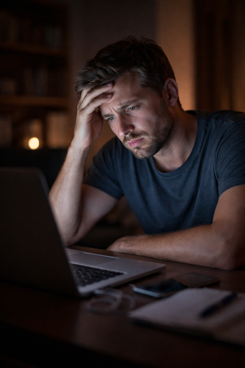 A man sitting in the dark staring at a laptop screen