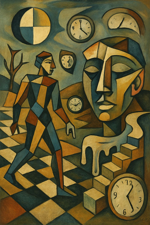 a painting of a man walking next to a clock that has the number 12 on it