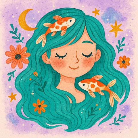 a girl with blue hair has two fish in her hair