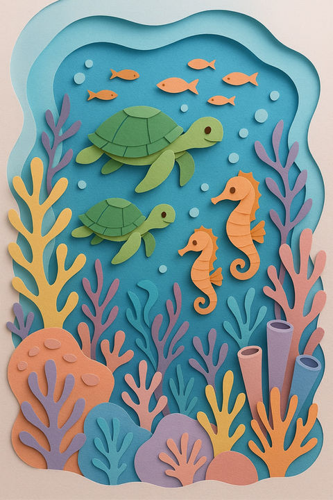 a paper cut illustration of sea turtles and seahorses