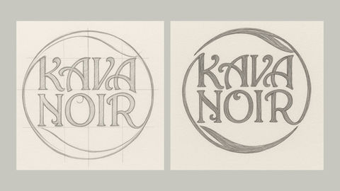 two drawings of a logo for kava noir