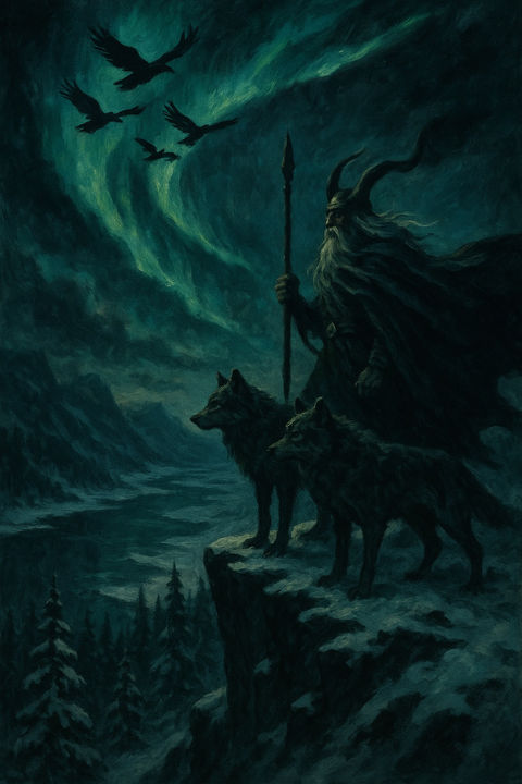 a painting of a man with horns and two wolves
