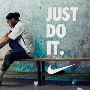 Person sitting on a bench in a blue and white sports outfit, looking thoughtful. Background text reads "Just Do It" with Nike logo.