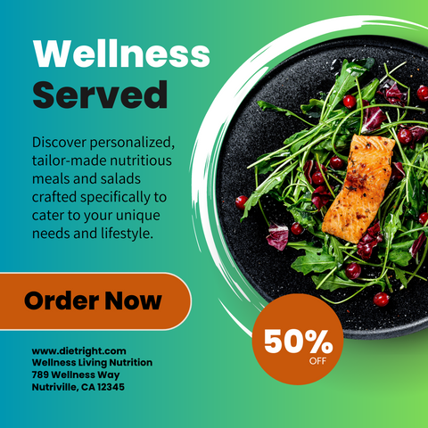 an advertisement for wellness served shows a plate of food
