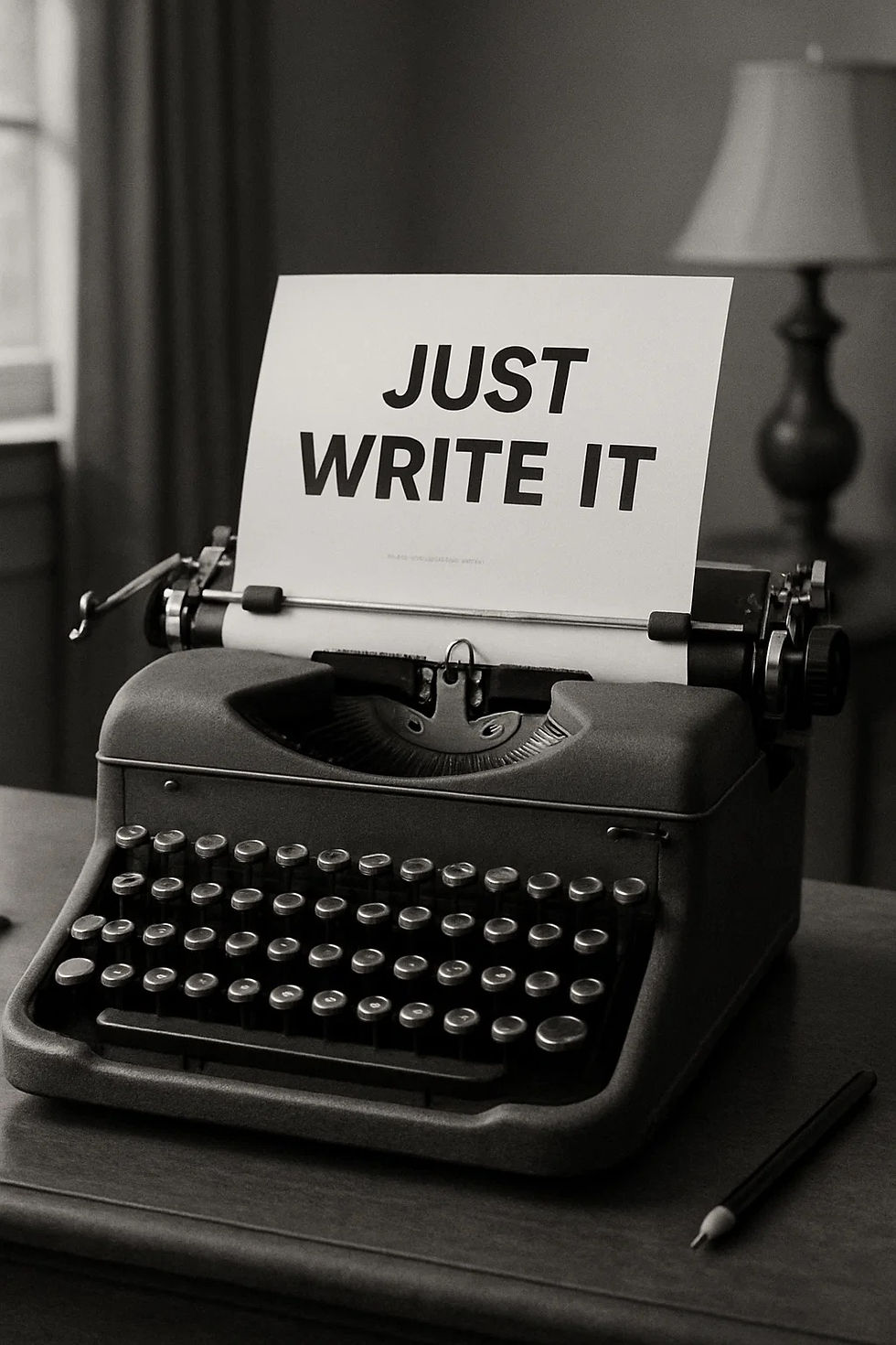 Vintage typewriter on a table with paper reading "JUST WRITE IT" in bold. A pencil is nearby. Mood is motivational. Black-and-white.