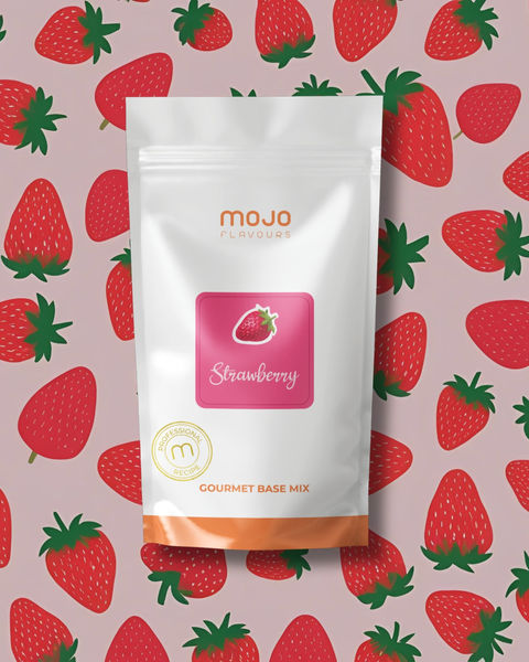 a bag of mojo flavours gourmet base mix with strawberries in the background