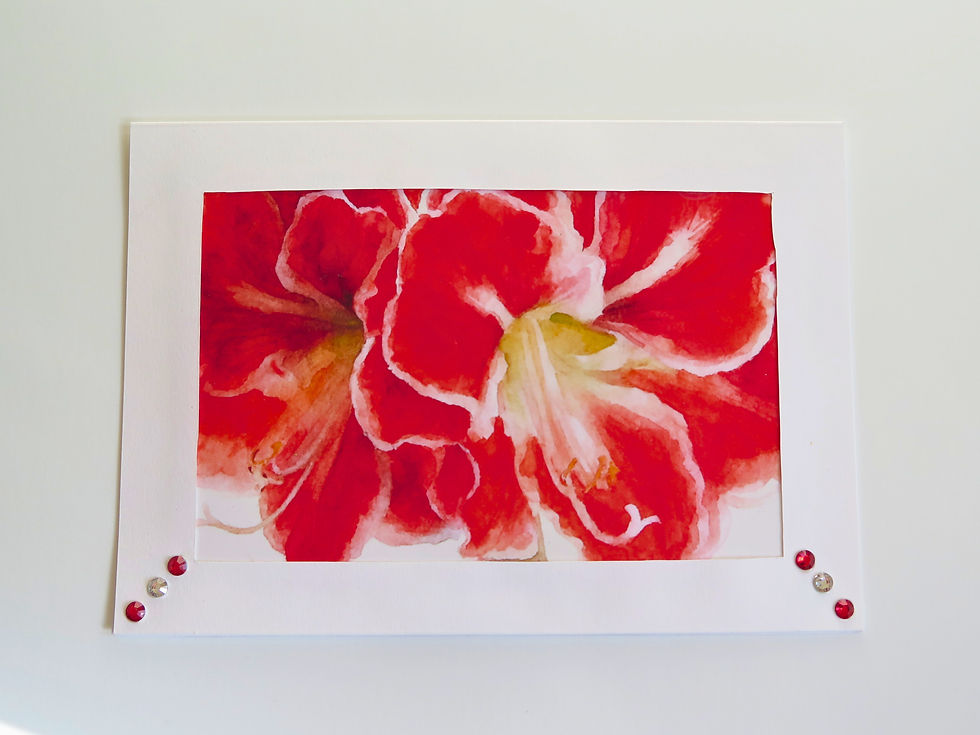 Handmade notecard featuring a red amaryllis watercolor floral design on white cardstock, accented with small red and crystal
