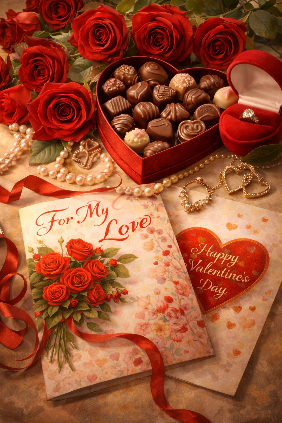 Romantic Valentine’s Day scene with chocolates, roses, jewelry, and heartfelt greeting cards.