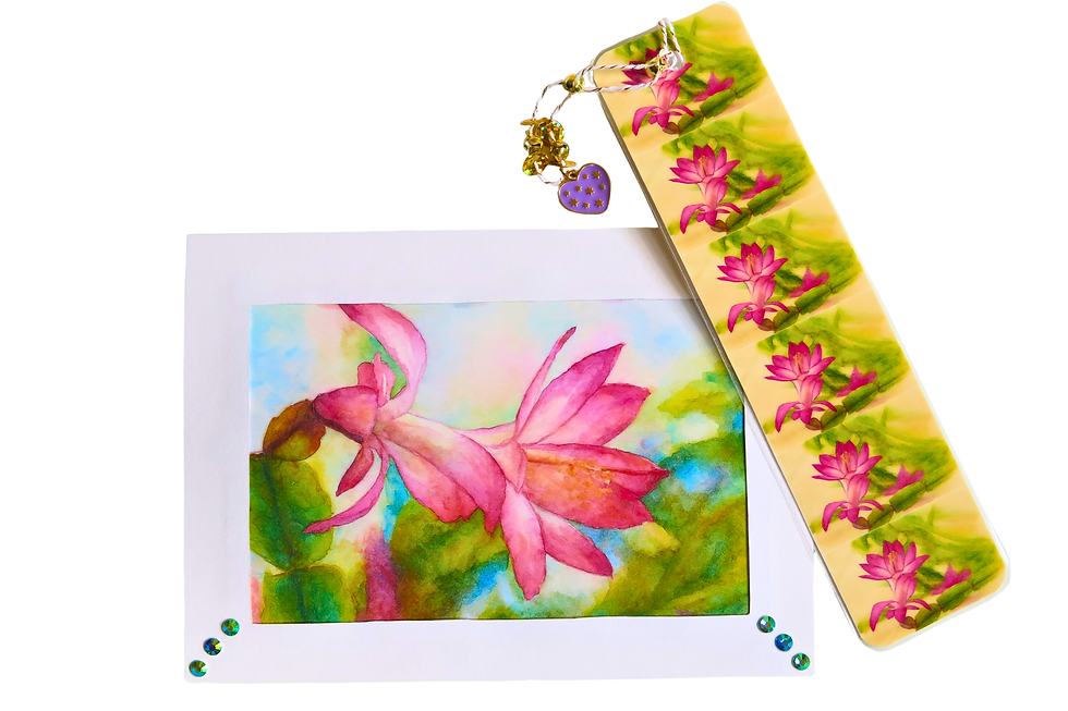 Pink Christmas cactus watercolor notecard with matching floral bookmark and charm.