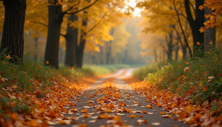 Eye-level view of a serene forest path covered with autumn leaves