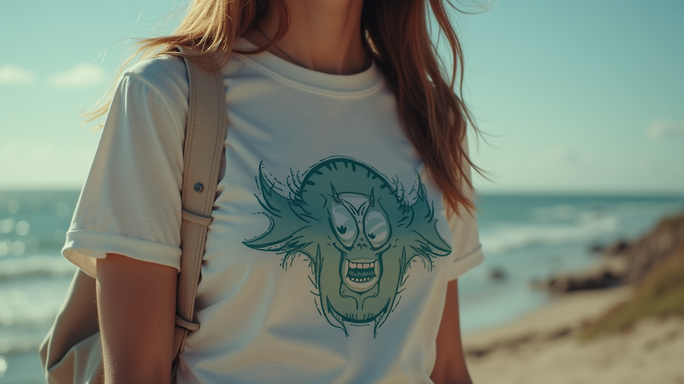 Close-up view of a styled outfit featuring a unique graphic tee