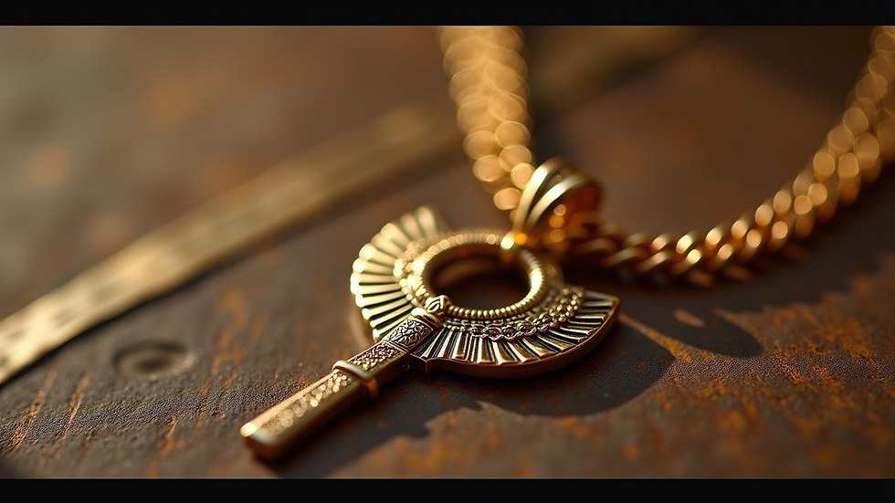 Close-up view of Egyptian-inspired jewelry featuring an ankh pendant and gold accents