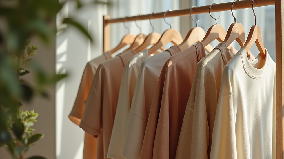 Eye-level view of a clothing rack featuring eco-friendly garments in natural tones