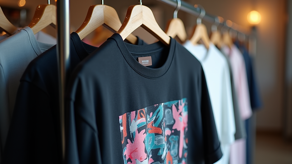 Close-up view of a men's graphic t-shirt with a bold abstract design hanging on a rack