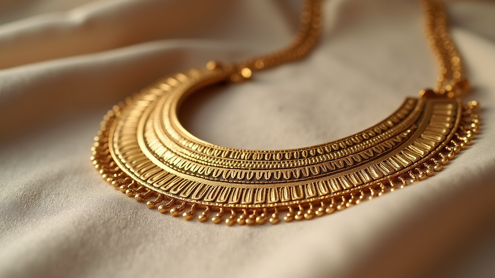 Close-up view of gold Egyptian-style collar necklace on a neutral fabric background
