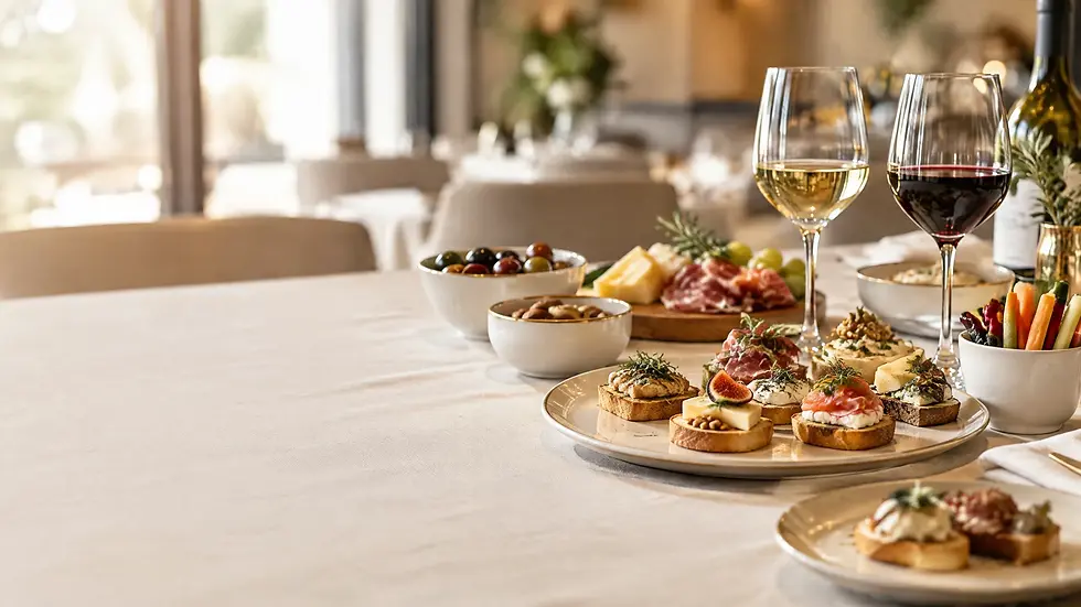 Apéro Riche Buffet im Restaurant Henry in Rümlang mit Häppchen, Canapés, Antipasti und Gläsern Rot- und Weißwein
