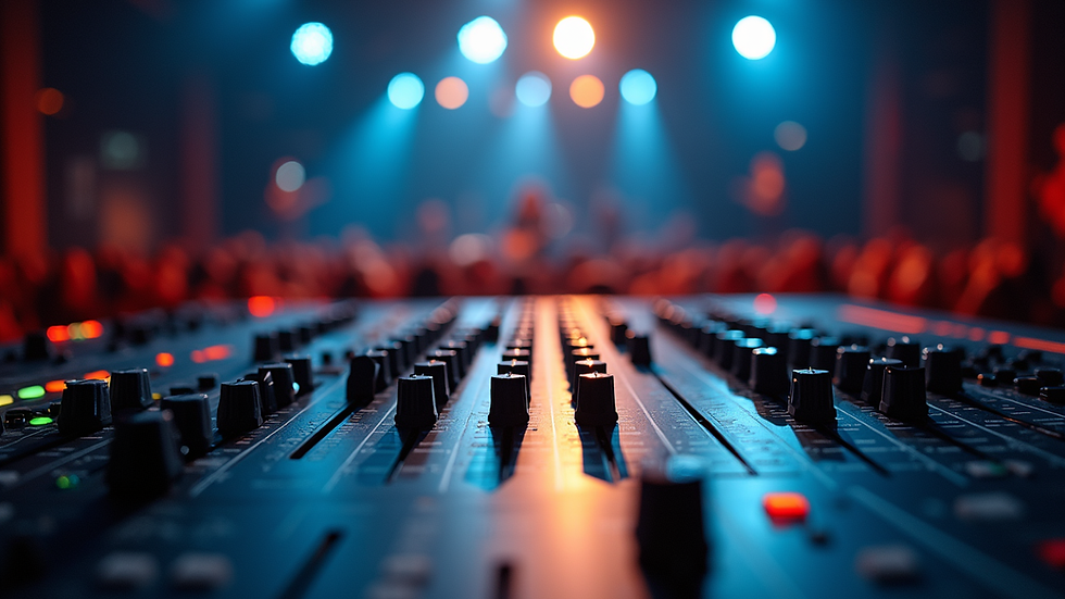 Vue en plongée d’une console de mixage audio utilisée lors d’un événement